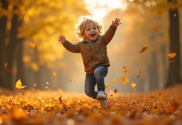 A laughing kid jumping into a pile of golden fall leaves