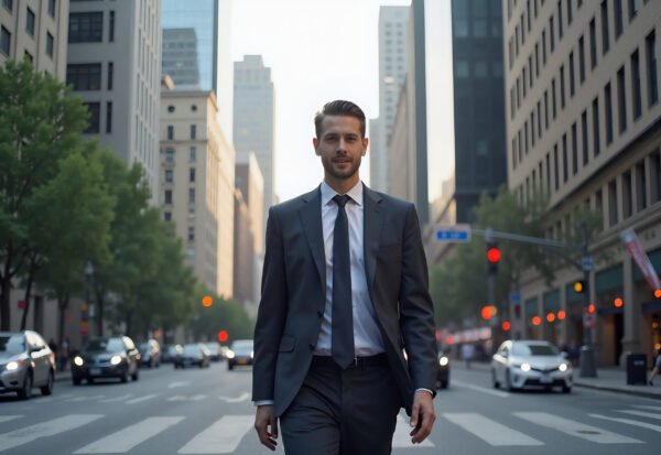 A professional businessman walking confidently down a busy city street with tall skyscrapers in the background