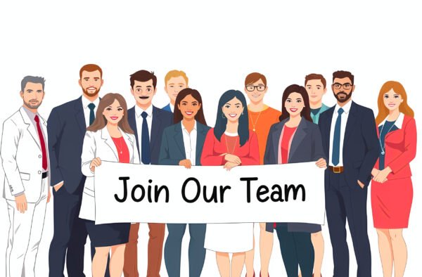 Diverse group holding banner says Join Our Team