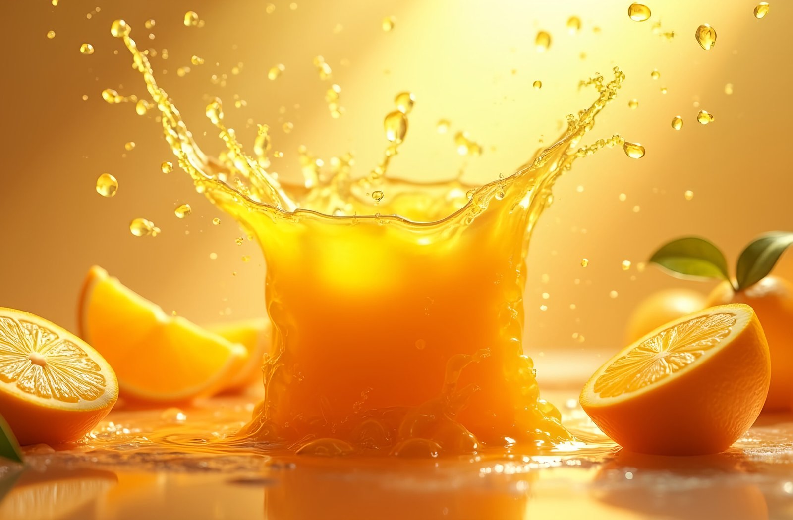 Orange juice splash mid-air with floating fruit slices, vibrant and dynamic