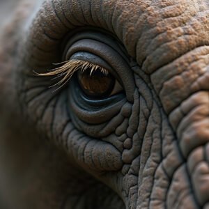 Close-up of elephant’s eye showing intricate wrinkles and textured skin—ideal for wildlife visuals, educational content, and nature storytelling