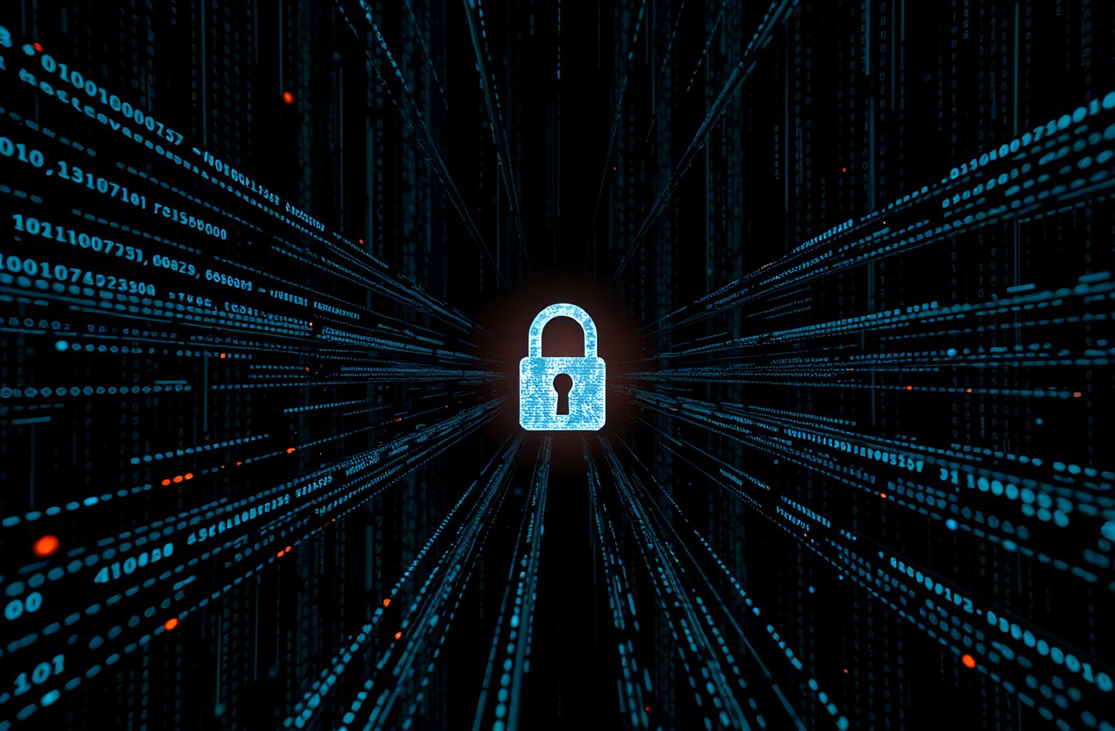 Encrypted data with padlock symbol representing digital security and data protection concept