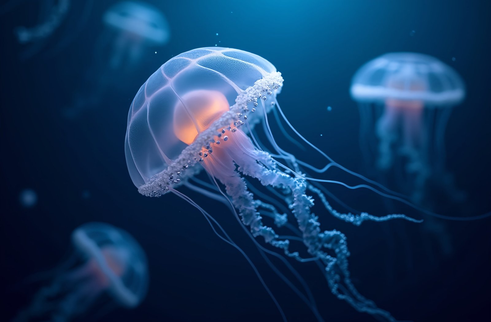 Glowing translucent jellyfish drifting gracefully in dark blue water—ideal for underwater visuals, marine life content, and bioluminescent design themes