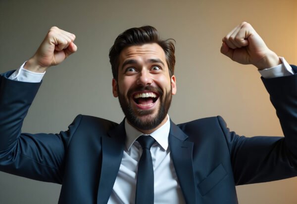 A happy businessman raising his fists in the air, celebrating a successful deal.