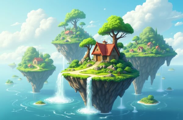 A fantasy-style vector of small floating islands with lush greenery, waterfalls, and tiny houses