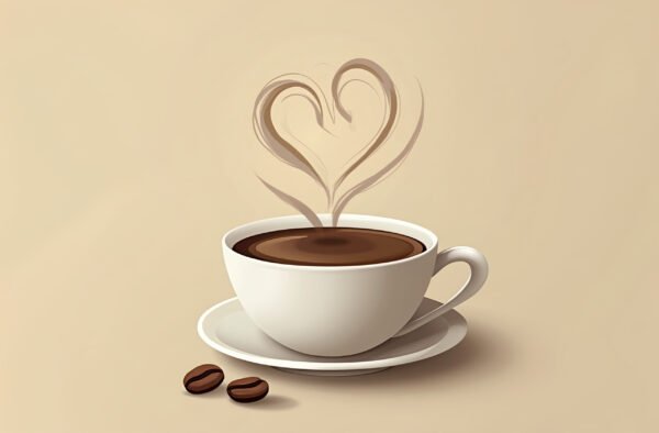 A flat vector of a coffee cup with steam forming a heart shape, sitting on a saucer with coffee beans beside it
