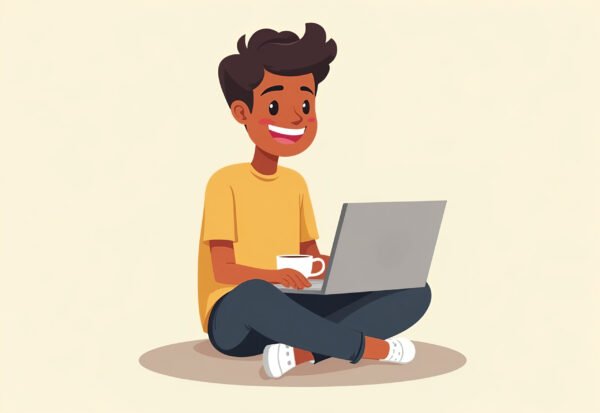 A casual, cartoon vector of a freelancer sitting cross-legged with a laptop and a cup of coffee, smiling