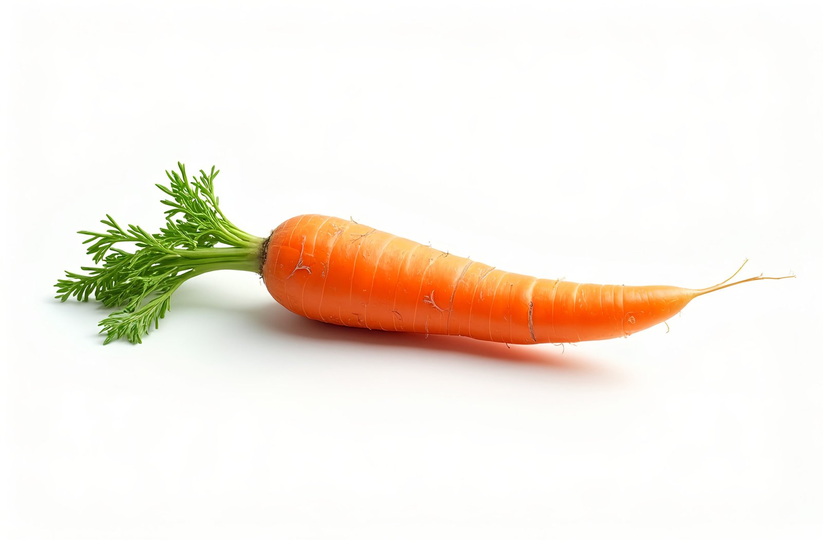 A fresh carrot with its green leafy top still attached, isolated on white background