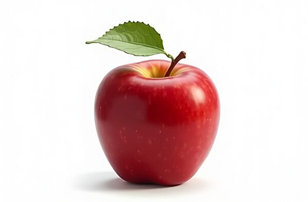 A fresh red apple with a green leaf attached to its stem, isolated on white background