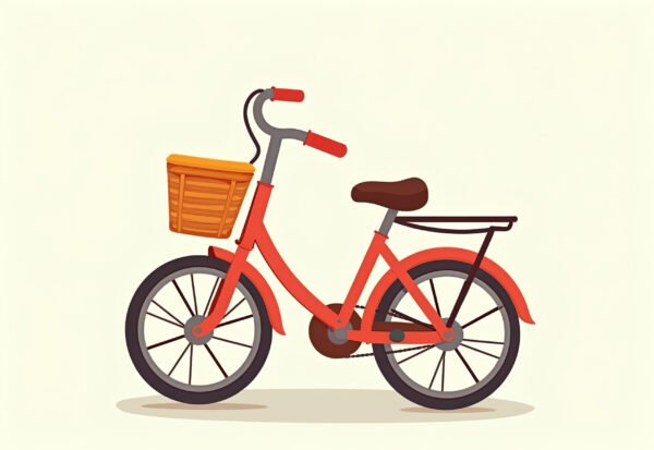 Cartoon style bicycle with small wicker basket attached to front handlebars in cute vector illustration design