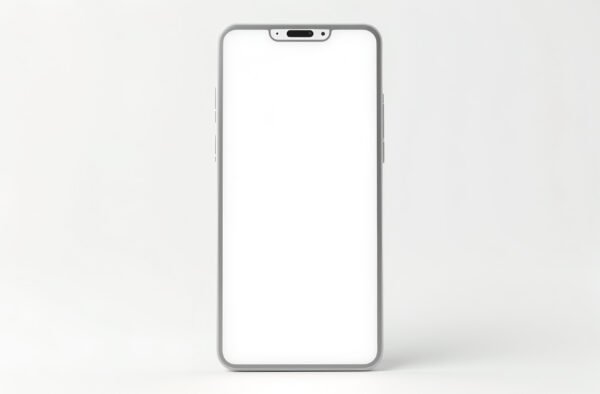 A modern smartphone standing upright with a blank white screen, ready for customization, isolated on white background