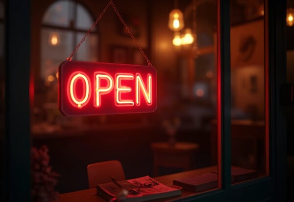 A glowing OPEN sign hanging in the window of a cozy café at night