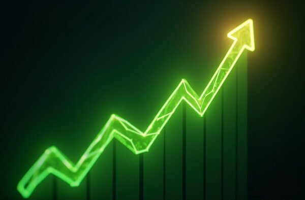 A glowing stock market graph with green arrows pointing upward, symbolizing financial growth