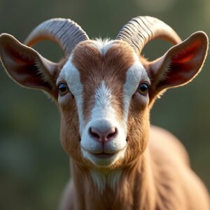 Close-up of goat’s face showing eyes, nose, and fur detail