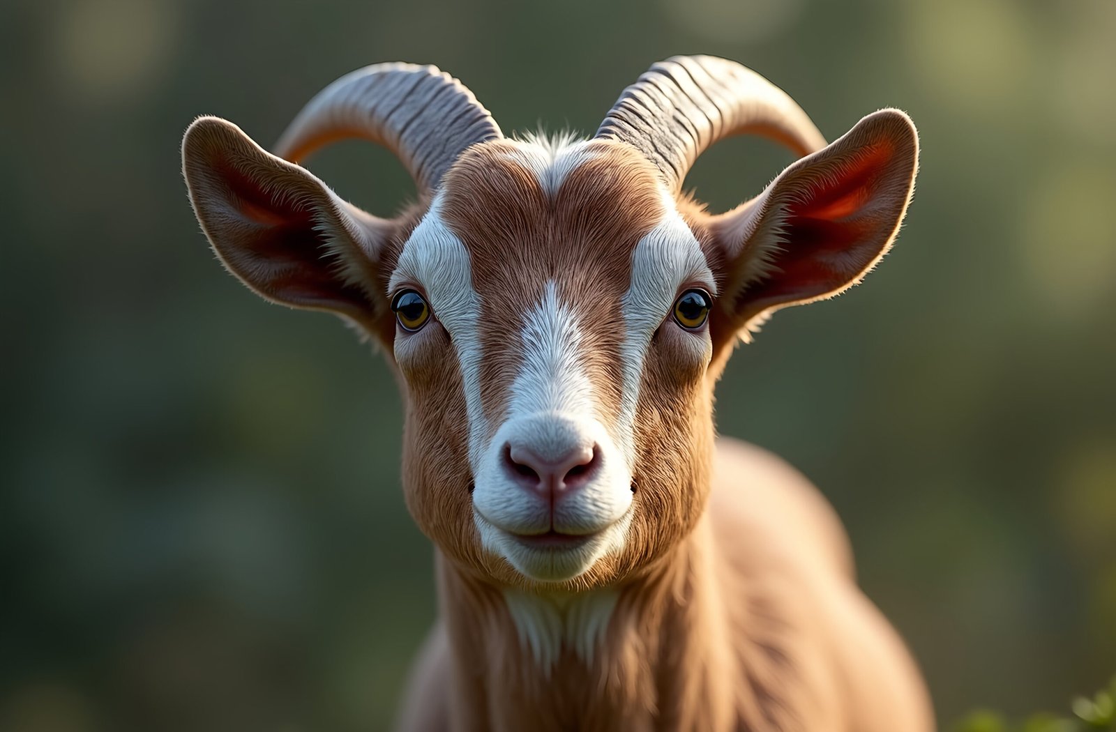 Close-up of goat’s face showing eyes, nose, and fur detail