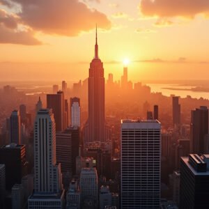 Golden hour sunlight illuminating the tops of skyscrapers against a clear sky—perfect for urban sunset visuals and architectural design assets