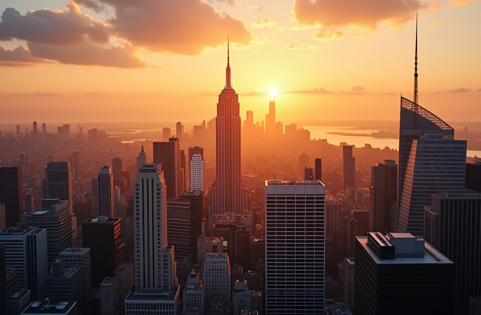 Golden hour sunlight illuminating the tops of skyscrapers against a clear sky—perfect for urban sunset visuals and architectural design assets