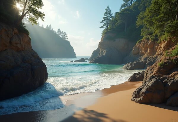 A hidden beach surrounded by dramatic cliffs, with small waves rolling in