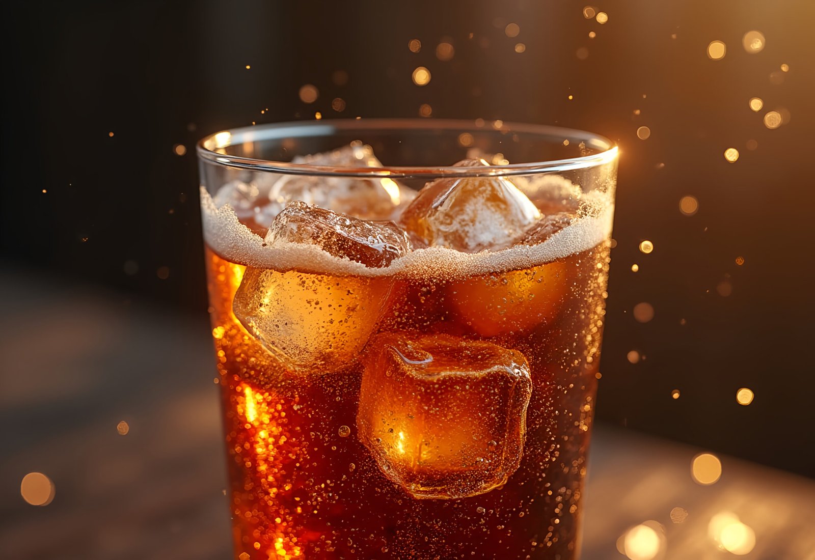 Close-up of fizzy cola with melting ice cubes in a glass