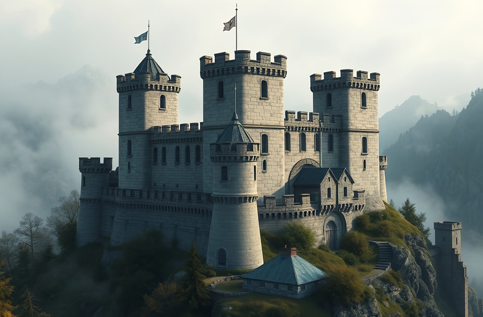 A historic stone castle with towering walls, surrounded by misty mountains