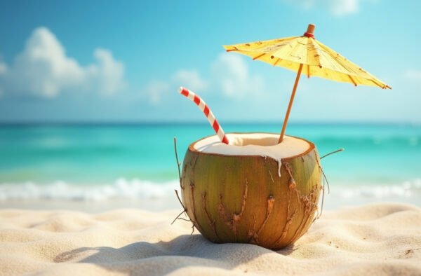 A fresh coconut with a straw and umbrella, sitting on a sandy beach with the ocean in the background