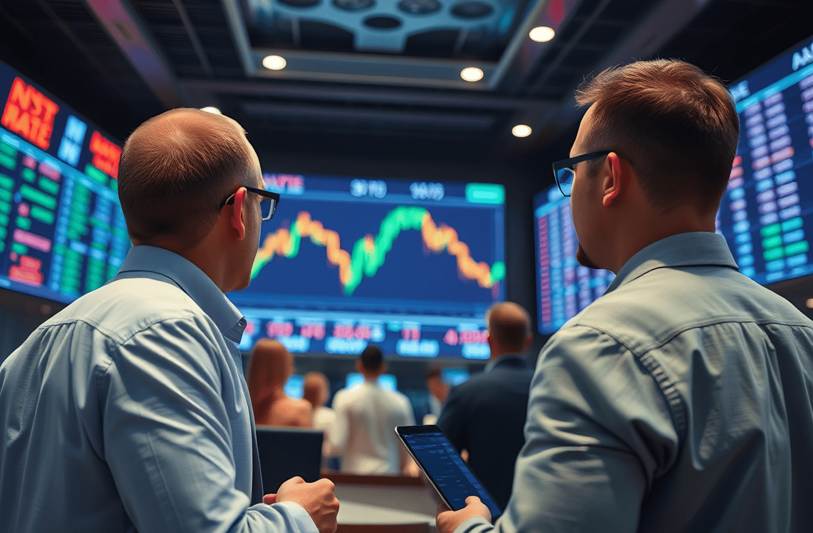 Group of professional investors and traders watching stock price candlestick charts on big screen