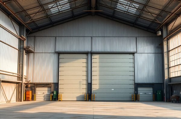 A large, modern warehouse with metallic textures and massive doors, set in an industrial zone