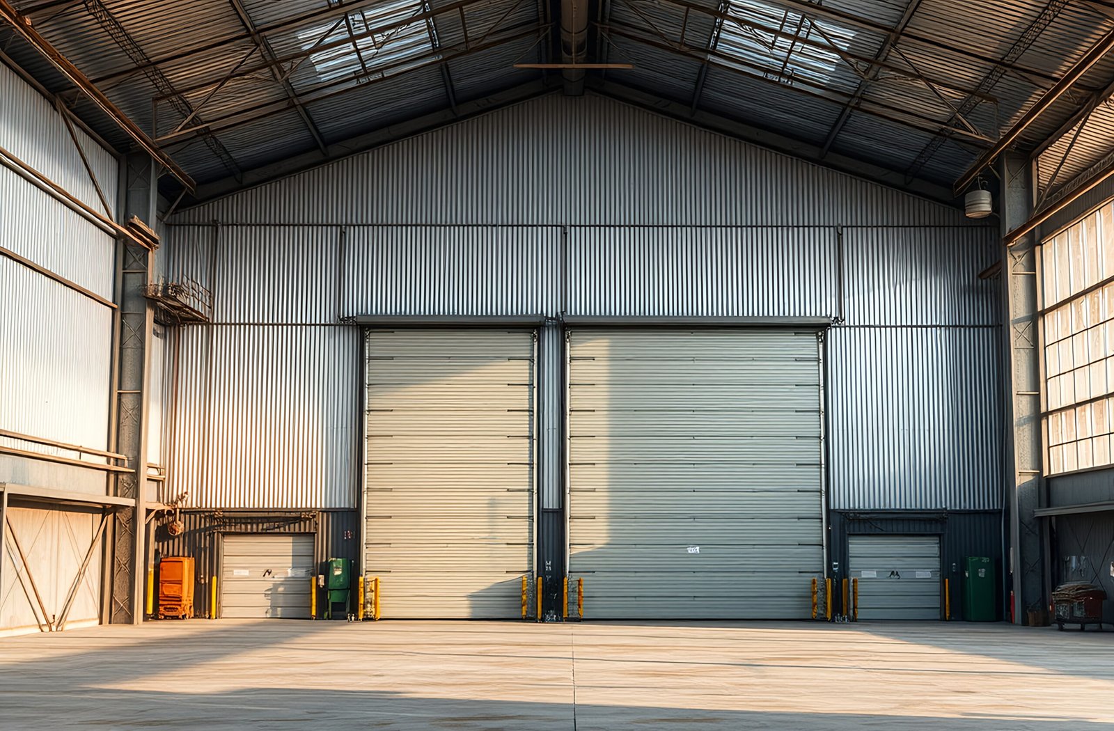 Large warehouse with metallic textures and massive doors—ideal for industrial design, architecture, and urban development visuals