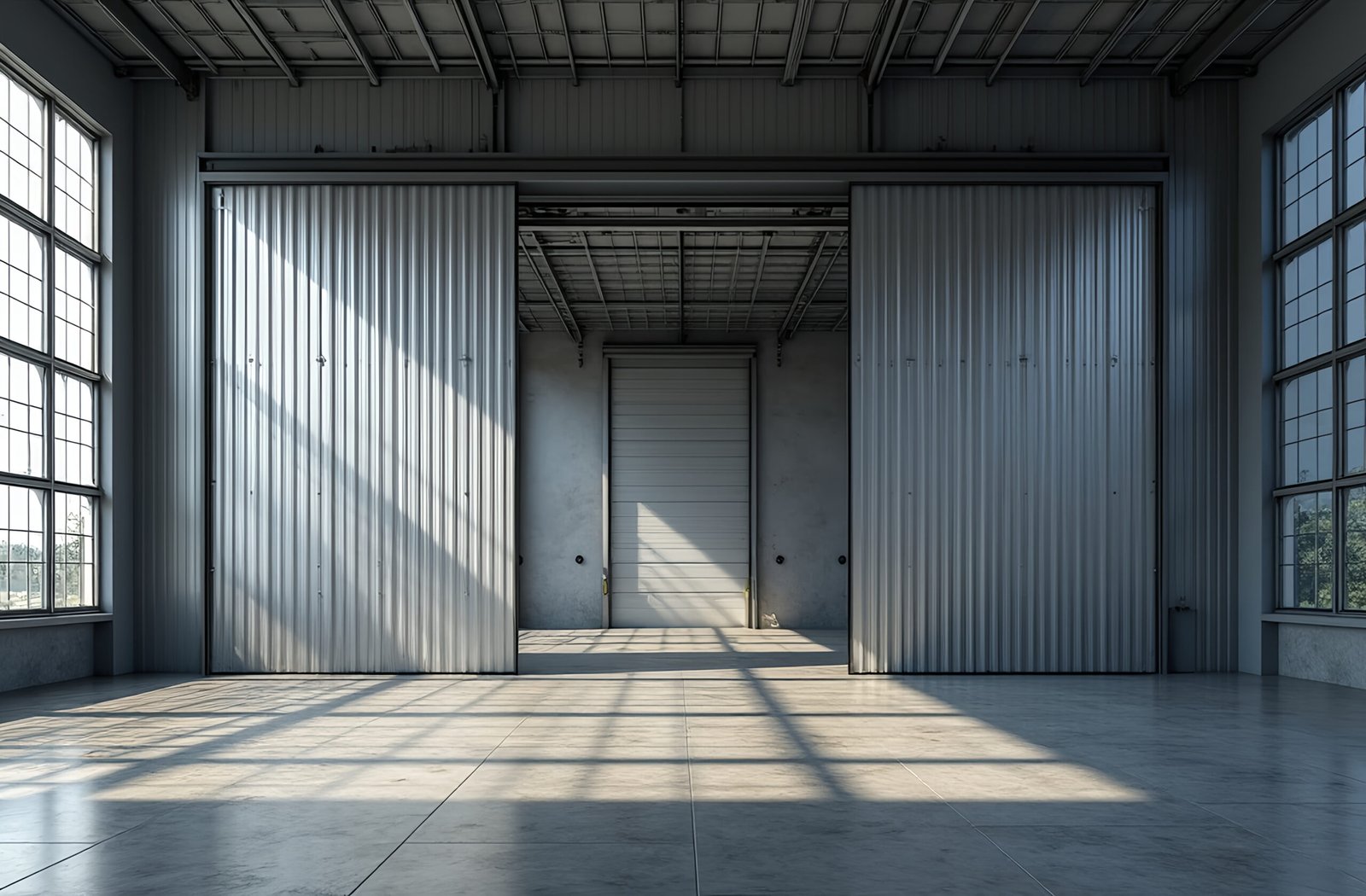 Large industrial warehouse exterior with high ceilings and loading bay—perfect for commercial real estate, logistics, and architecture visuals