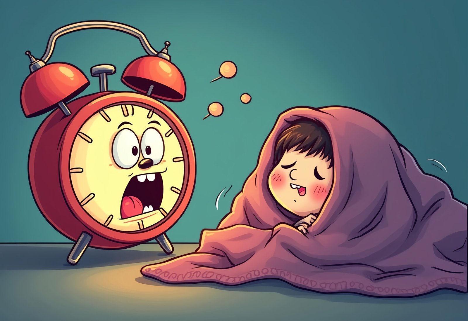 Cartoon alarm clock character shouting at a sleepy child—ideal for kids’ design, morning routine visuals, and educational media