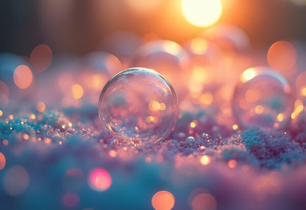 A macro close-up of delicate soap bubbles reflecting rainbow colors in sunlight