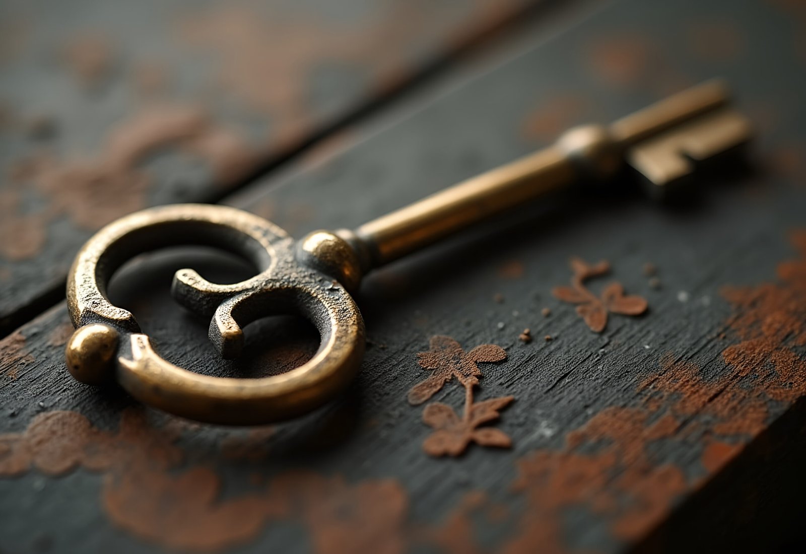 Close-up of antique metal key showing weathered detail—vintage texture ideal for historical, mystery, and creative design visuals