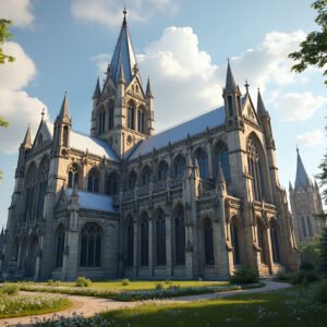A majestic Gothic cathedral with high spires, detailed stained glass windows, and flying buttresses