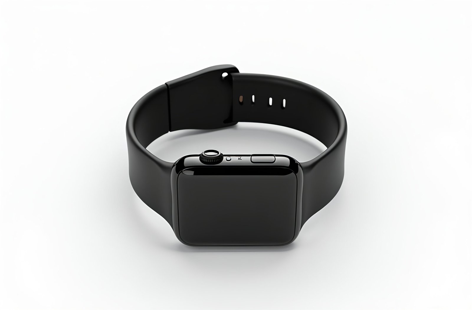 Minimalist black smartwatch with blank screen isolated on white background