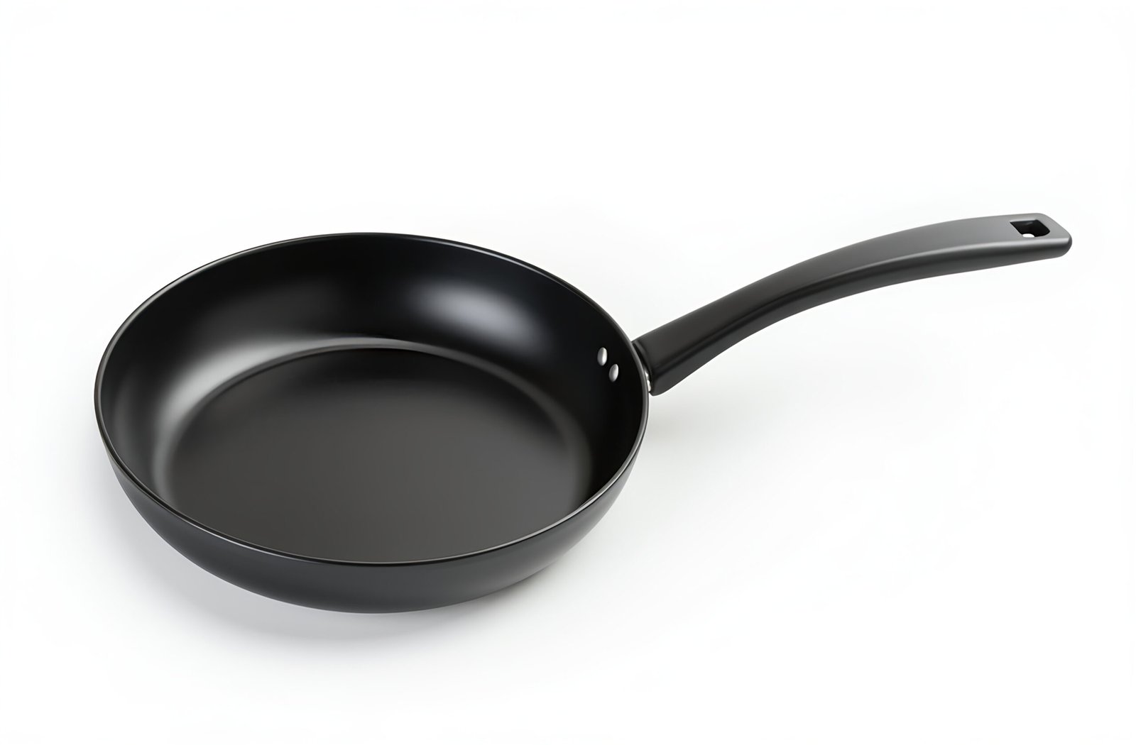 Modern black non-stick frying pan with long handle isolated on clean white background for kitchen cookware photography
