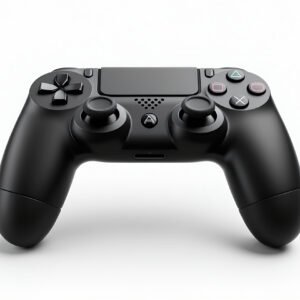 Black wireless gaming console controller with buttons and analog sticks on white background