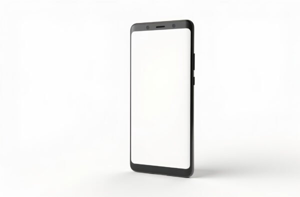 A modern smartphone standing upright with a blank white screen, ready for customization, isolated on white background