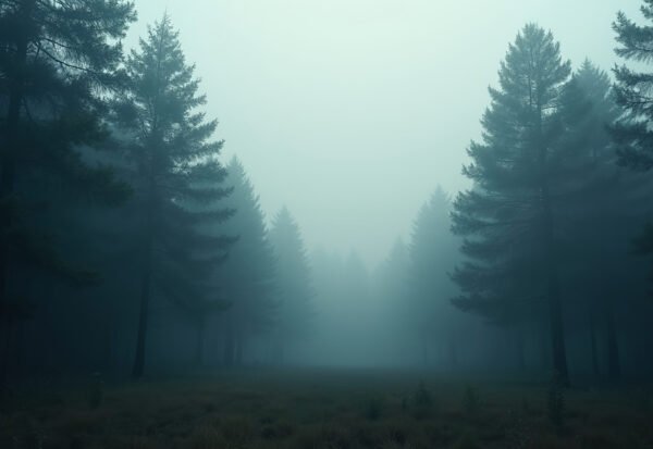 fog-covered pine forest with soft, diffused light