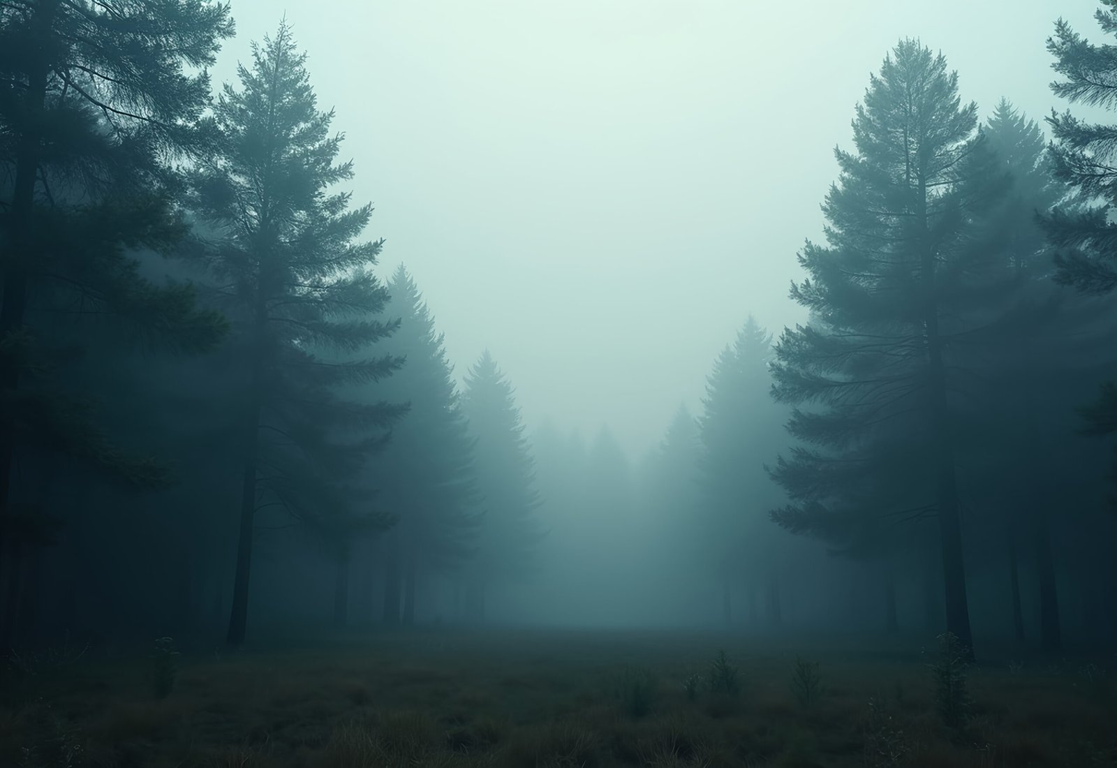 Pine forest covered in fog and mist—ideal for nature, forest background and atmospheric visuals