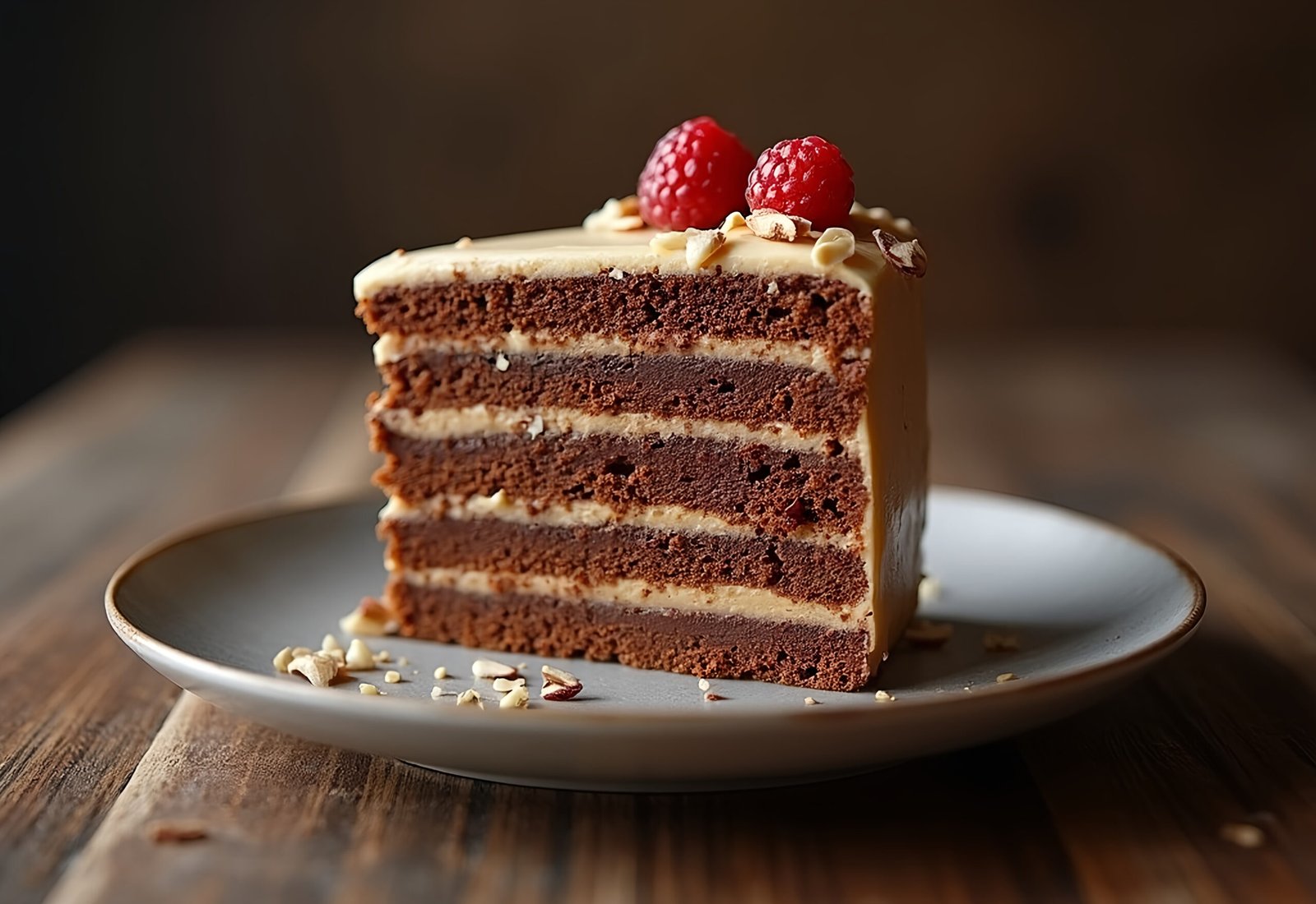 Elegant multi-layered opera cake garnished with fresh berries on top