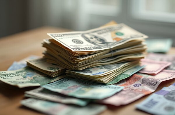 A neatly stacked pile of banknotes in different world currencies, arranged in an organized manner