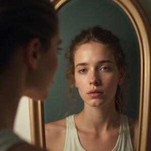Woman looking into a mirror, casual pose—free stock image suitable for beauty, lifestyle or self-care visuals.