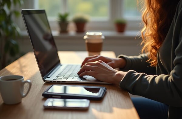 Freelancer woman working remotely on laptop in a cafe