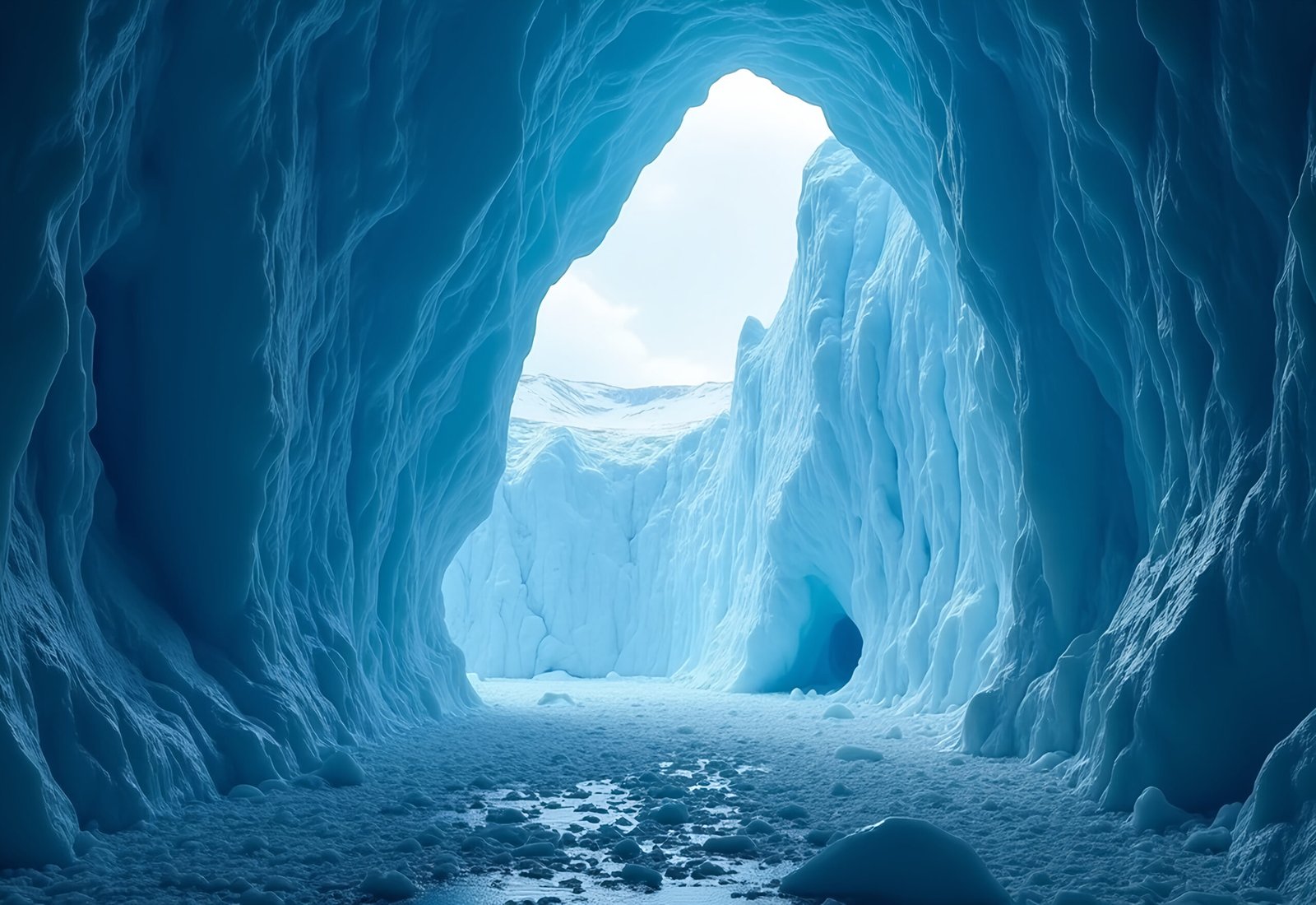 A surreal blue ice cave formed within a massive glacier