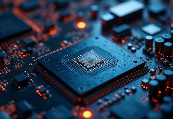 A photorealistic close-up showing the detailed patterns of a computer motherboard, glowing with electronic signals