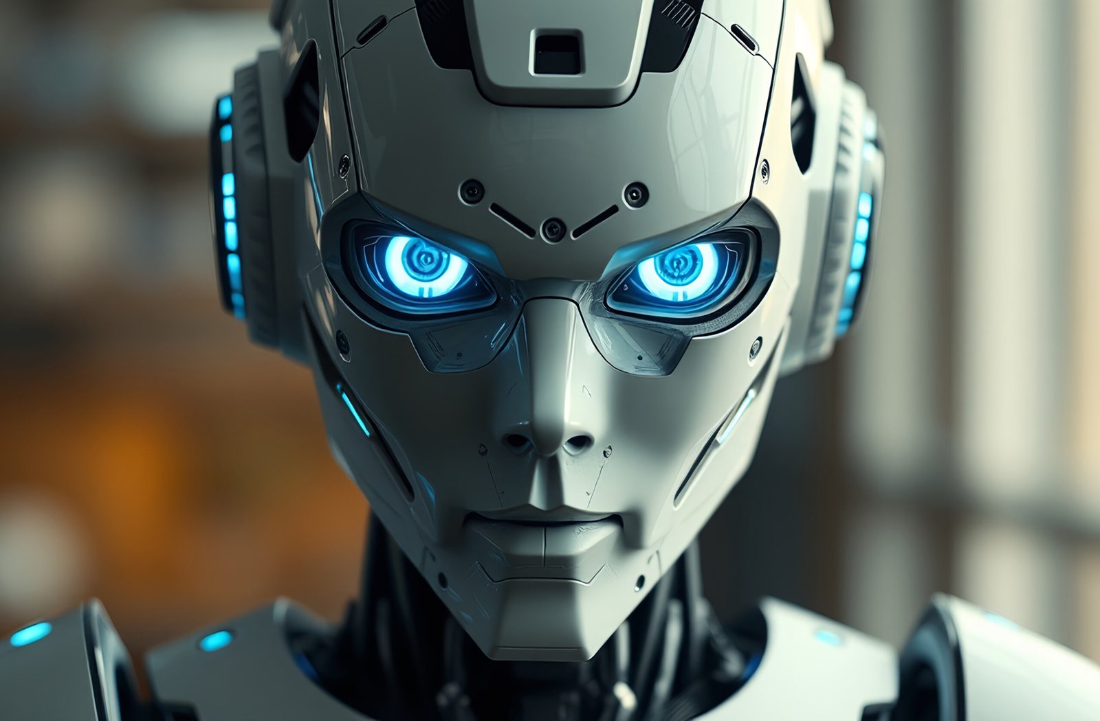 Humanoid robot with glowing eyes and metallic body—free image for technology, robotics or sci-fi visuals.
