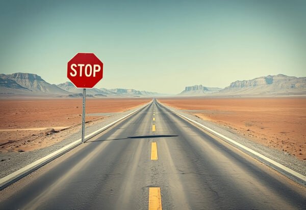 stop sign standing alone in a vast desert with an empty road