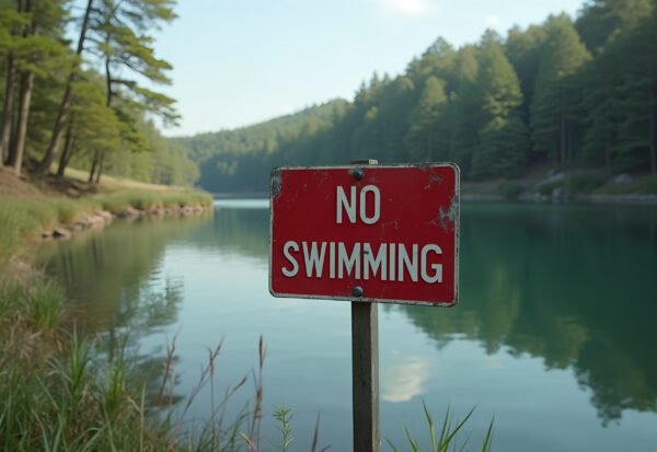 A red warning sign prohibiting swimming reads "NO SWIMMING" near a lake