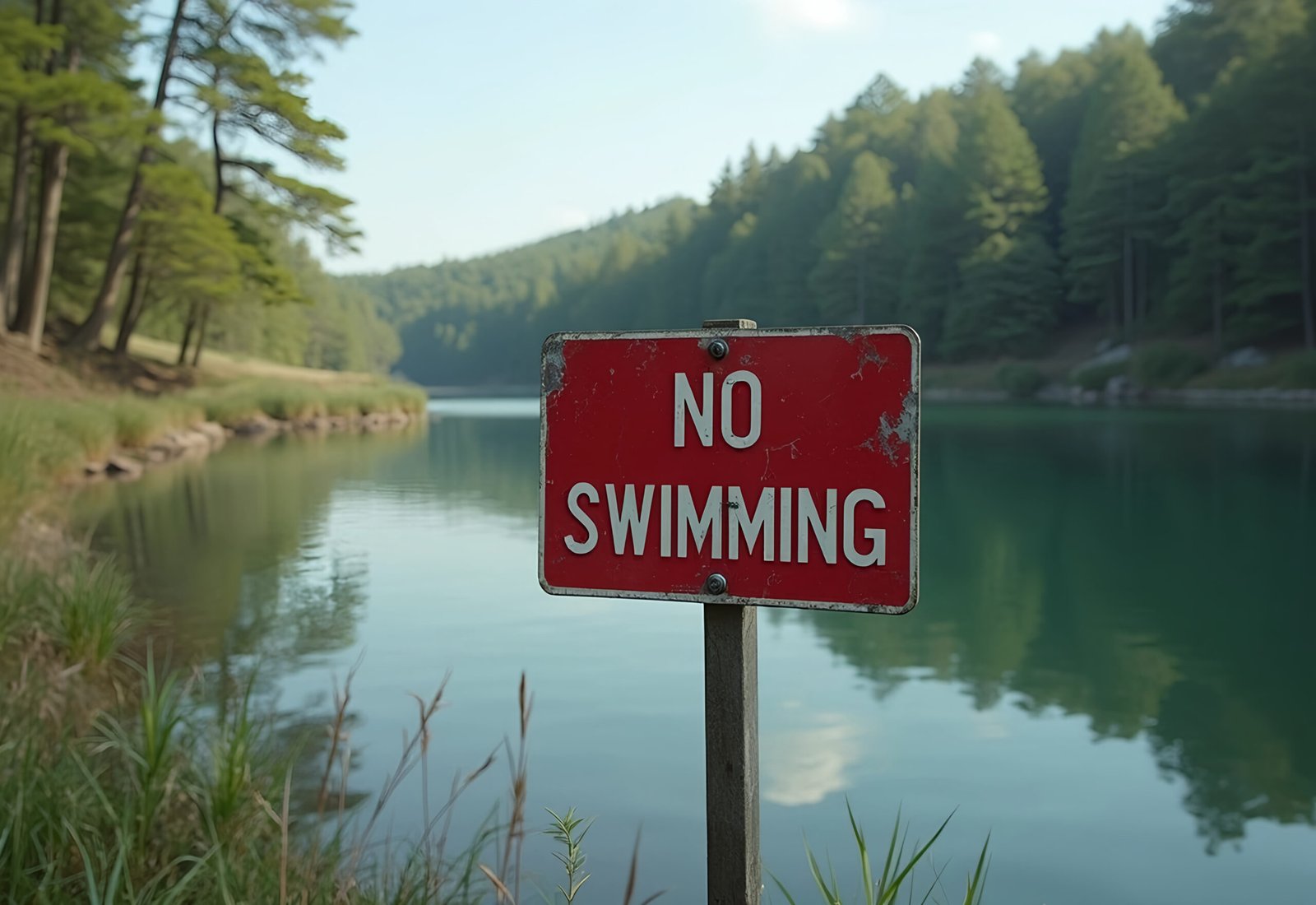 No swimming warning sign displaying prohibited activity for water safety and hazard prevention