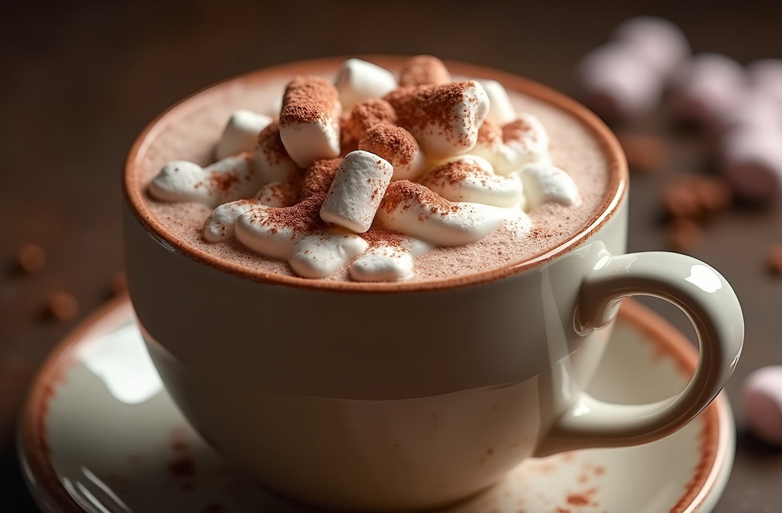 Hot chocolate drink topped with fluffy marshmallows and sprinkle of cocoa powder in mug